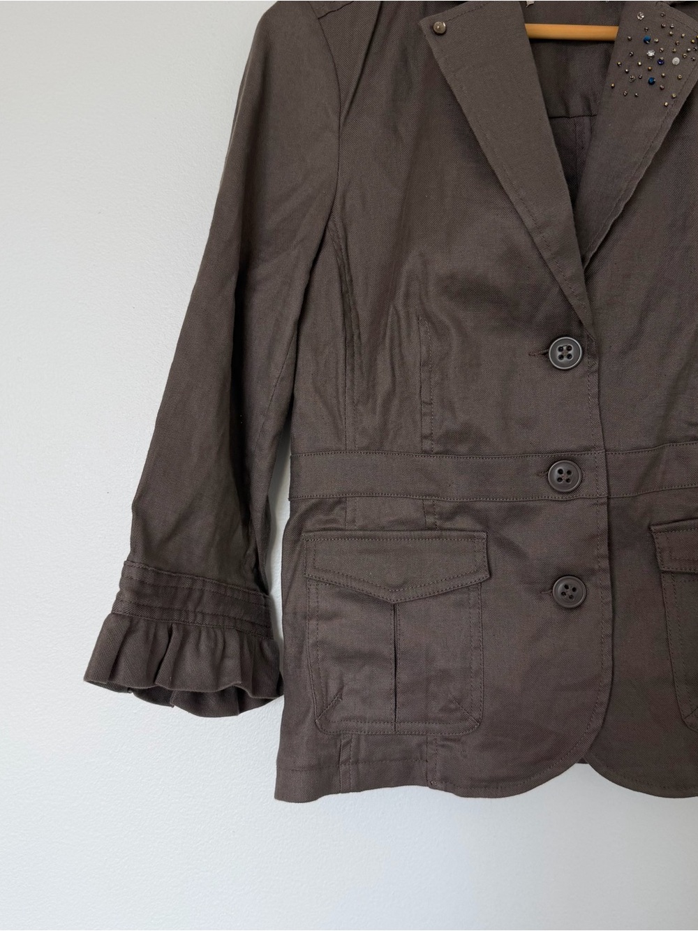 3/4 length sleeve Taupe Blazer Jacket with Rouged Details and Bedazzled Lapel - Picture 2 of 4